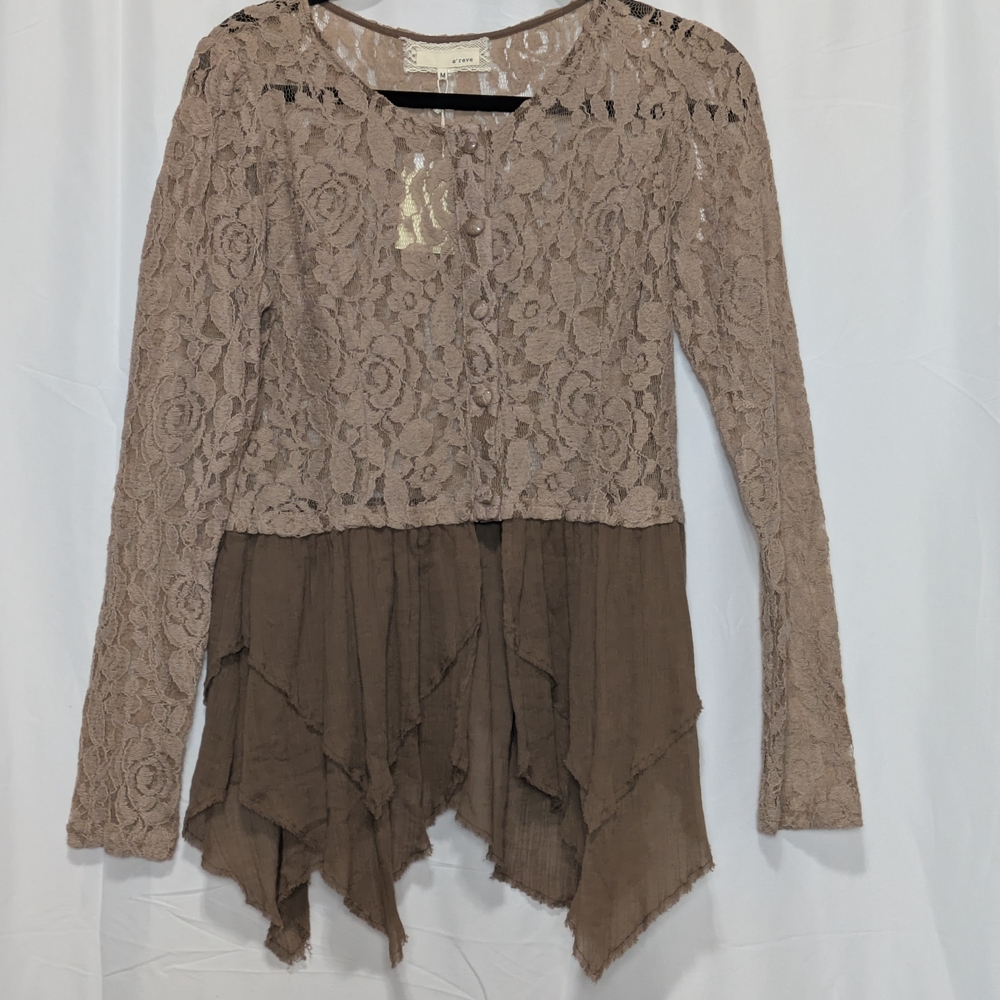 NWT A'Reve Tan and Brown Asymmetrical Long Sleeve Blouse